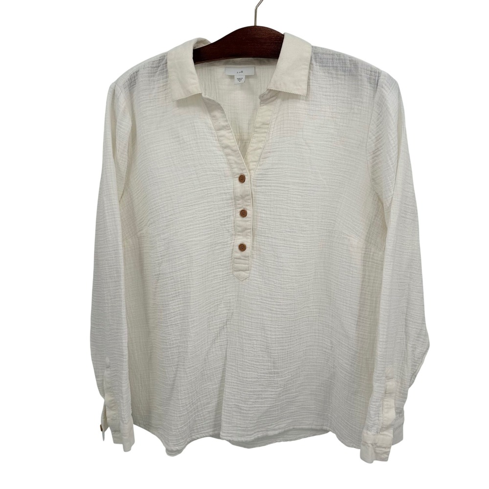 J. Jill Women's Med Cotton Pullover Shirt White Long Sleeve Collar Button V Neck
